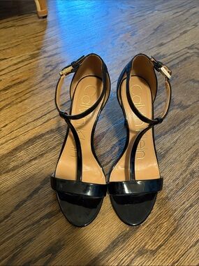 Calvin Klein Black Patent T-Strap Open-Toe Heels